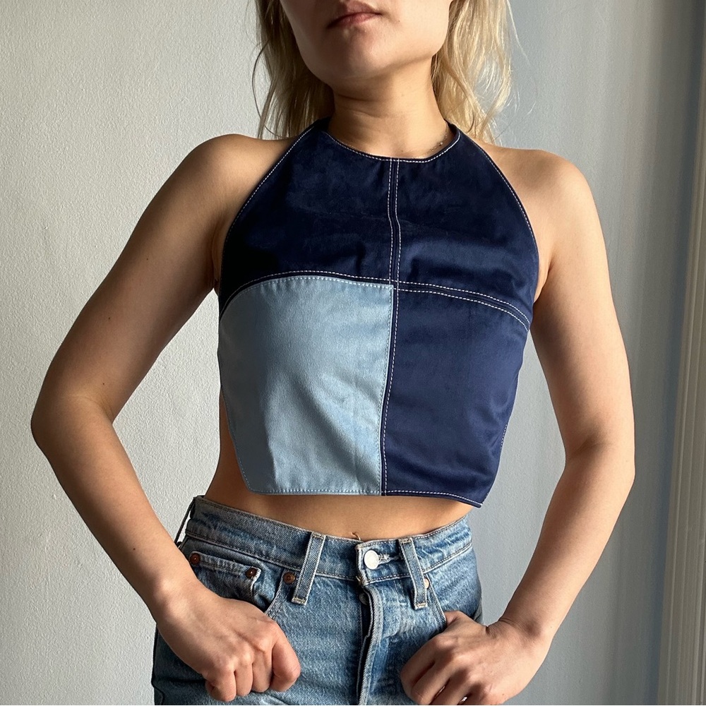 NWT Staud Georgie Faux Suede Patchwork Halter Top in Navy & Light Blue